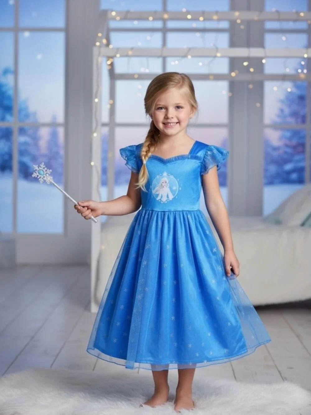 Disney Frozen Elsa Princess Fantasy Dress Gown Blue Snowflake Tulle Size S (6)